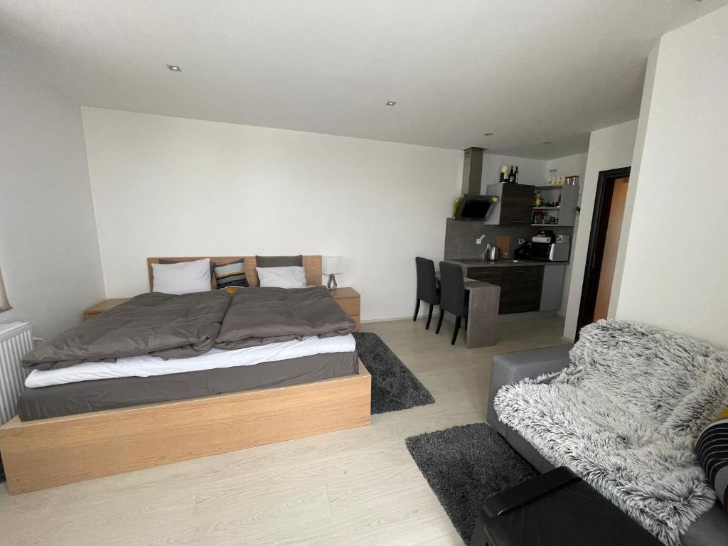 Postel nebo postele na pokoji v ubytování Plně vybavený krásný apartmán 1kk s balkonem, výhledem