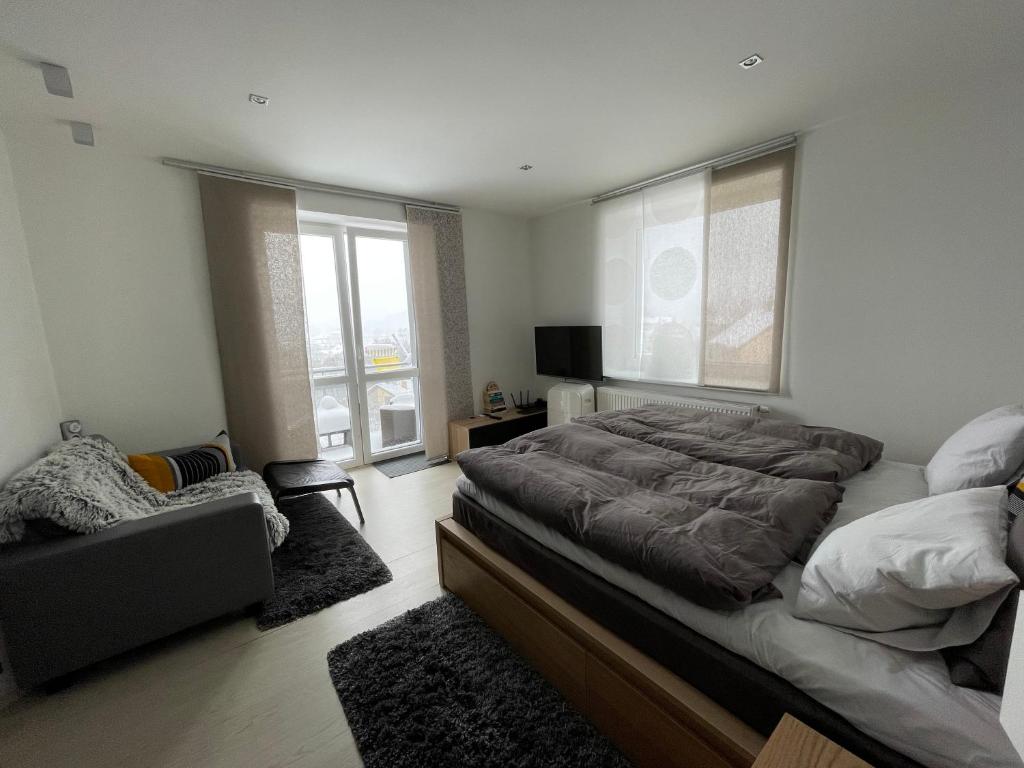 a bedroom with a large bed and a couch at Plně vybavený krásný apartmán 1kk s balkonem, výhledem in Jablonec nad Nisou
