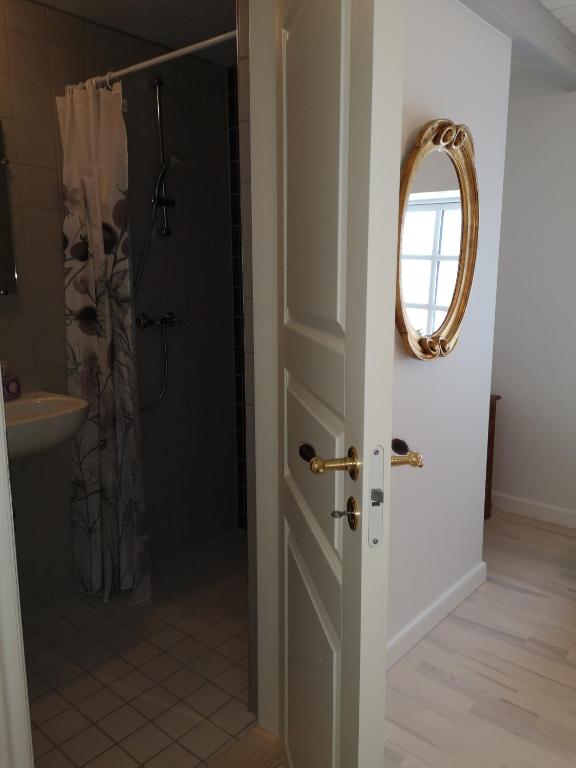 a bathroom with a shower and a mirror on the door at Bøgehus in Vejle