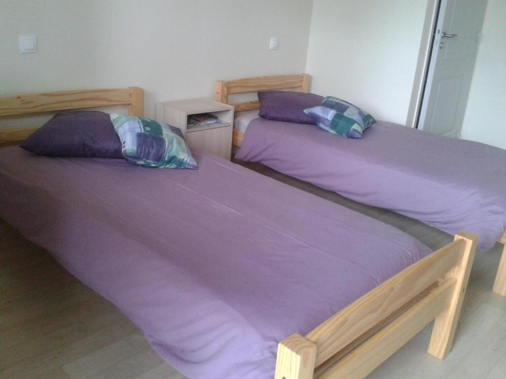 two beds in a bedroom with purple sheets and pillows at Gite de Boncourt in Boncourt