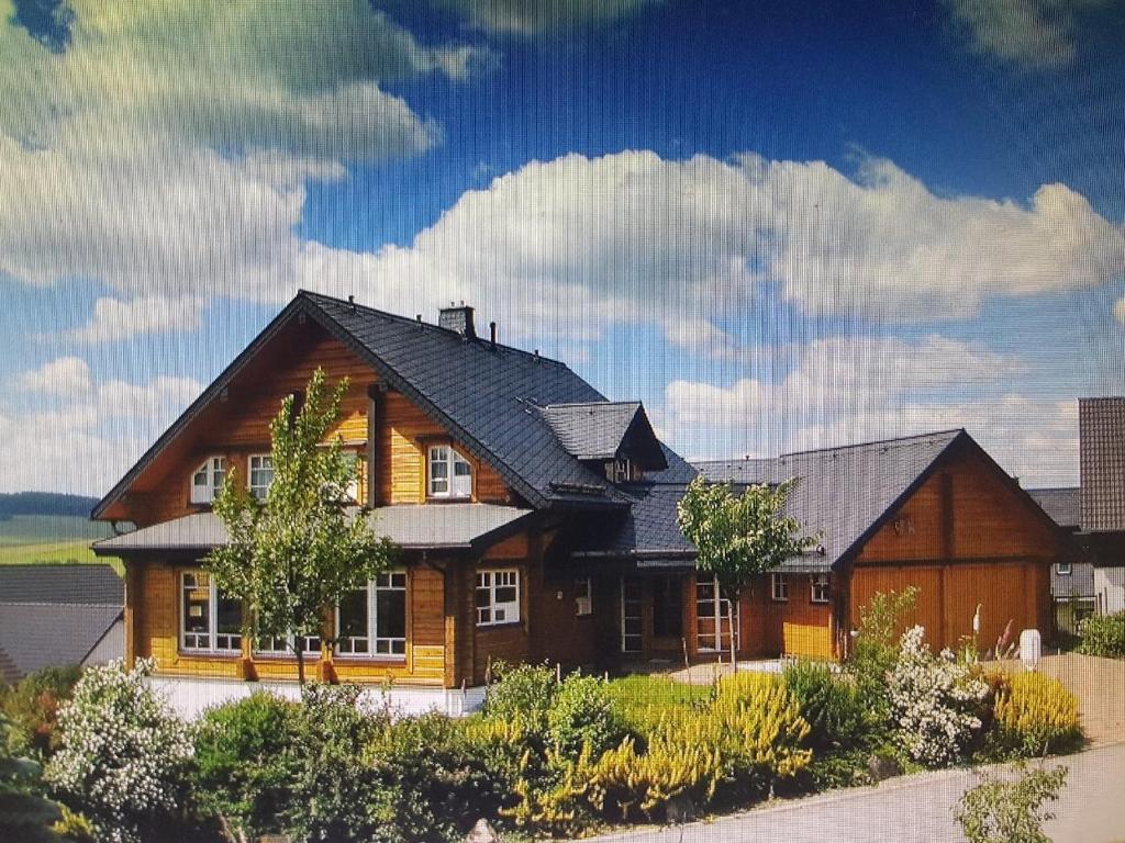 a large wooden house with a black roof at Berglodge für 10 Personen mit Sauna in Sehmatal