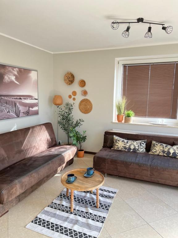 a living room with a couch and a table at Apartament Jasna in Jastrzębia Góra