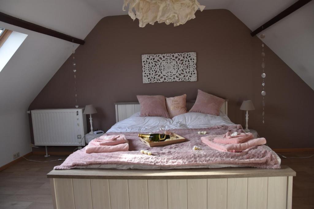 1 dormitorio con 1 cama grande con mantas rosas en le renouveau de Quartes en Quartes