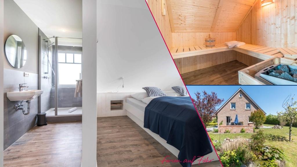 a collage of three pictures of a bedroom and a bathroom at Haus Perle in Oevenum