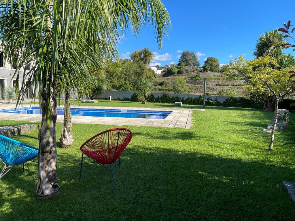 two chairs sitting next to a palm tree in a yard at Casa da Leira in Amarante
