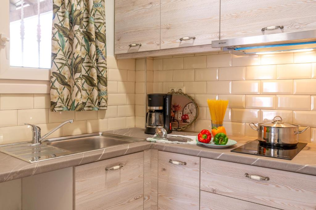 a kitchen with a sink and a counter top at Τrilogy Studios in Syvota