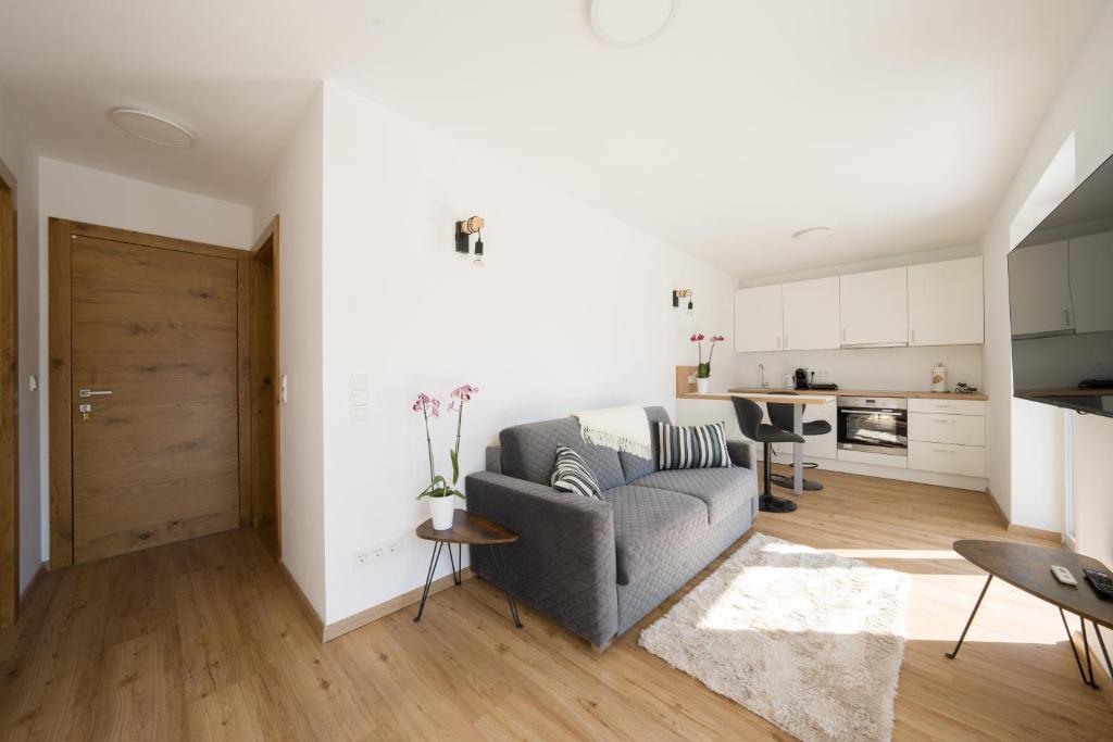 uma sala de estar com um sofá cinzento e uma cozinha em Austrian Apartments em Bad Goisern