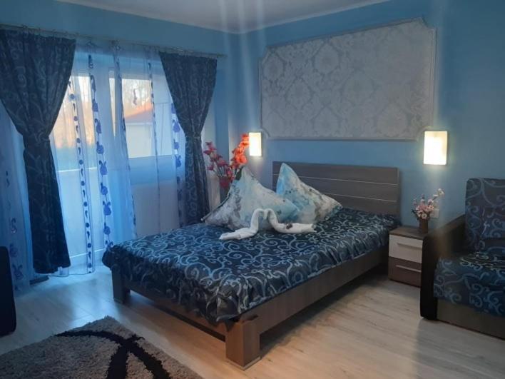 a bedroom with a bed with a person laying on it at Garsoniera Dănuț in Baile Felix