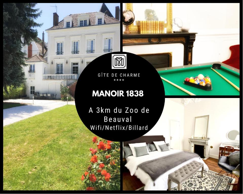 un collage de fotos de una mansión con césped en Manoir 1838 à - 3 km du Zoo de Beauval & proche des châteaux en Saint-Aignan