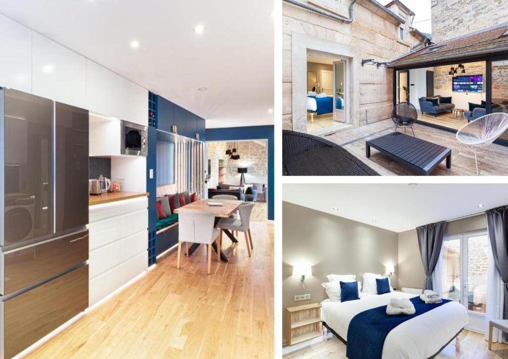 a collage of photos of a bedroom and a living room at Suite Appart Place Versepuy in Chantilly