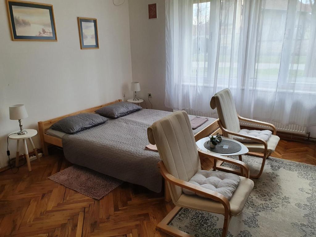 een slaapkamer met een bed en 2 stoelen en een tafel bij Citadela in Sombor