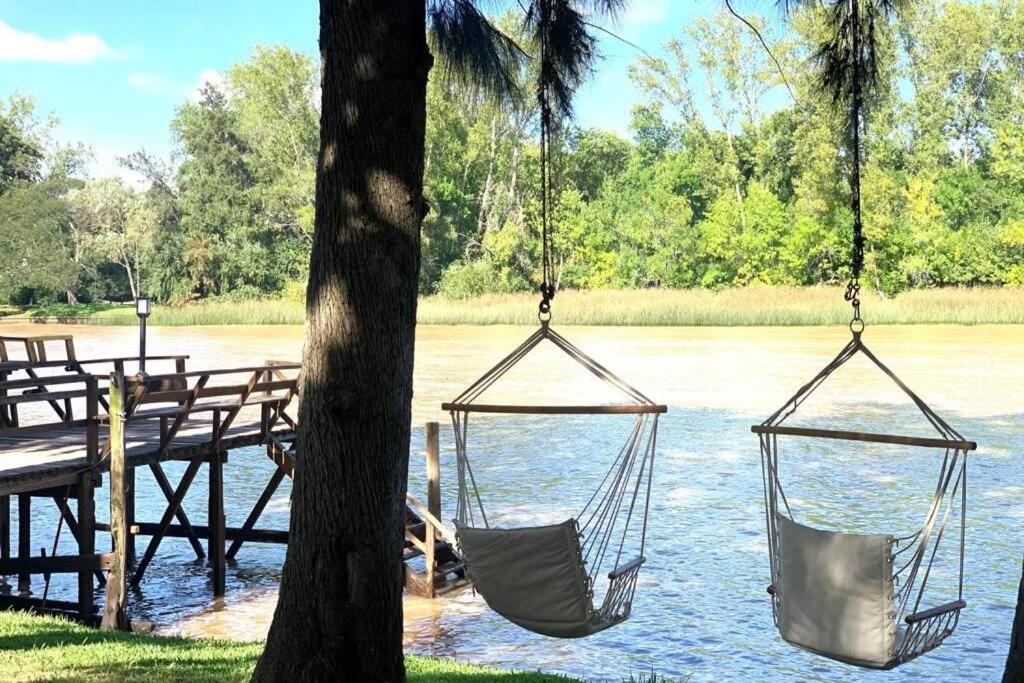 dos hamacas colgando de un árbol junto a un lago en La Escondida, alquiler casa en el delta, en Tigre