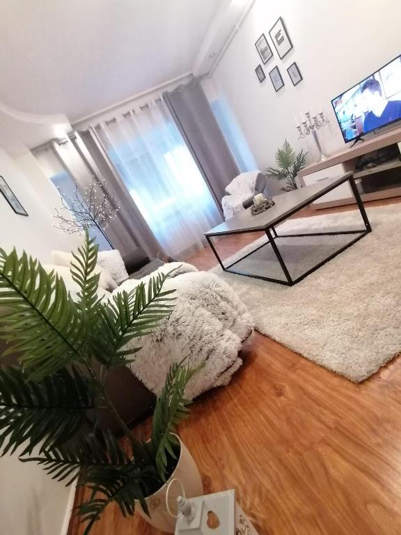 a living room with a couch and a tv at Masaryss apartament Tulcea in Tulcea