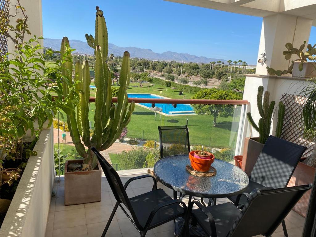 une table et des chaises sur un balcon avec un cactus dans l'établissement Apartamento Cabo de Gata-Toyo, à Retamar