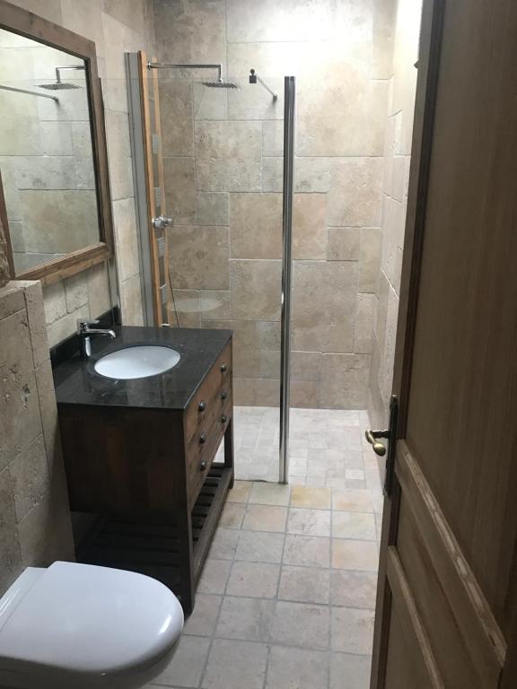 uma casa de banho com um chuveiro, um lavatório e um WC. em La maison sur la place em Aigues-Mortes