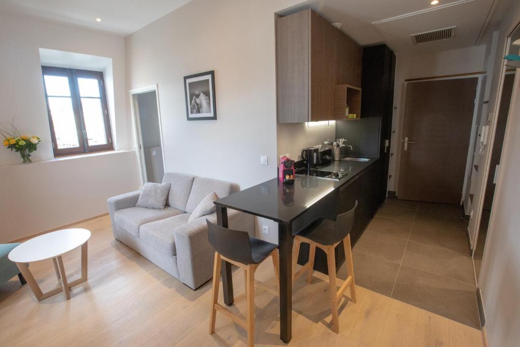 a kitchen and living room with a table and a couch at Villa Saint Enogat in Aix-les-Bains