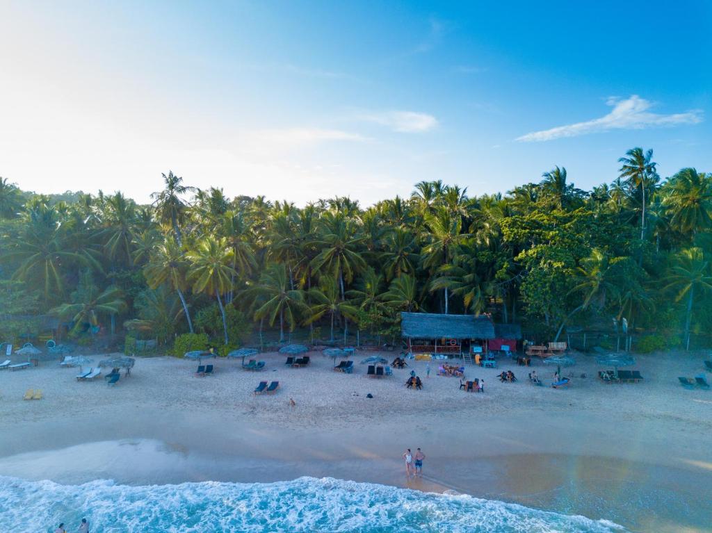a beach with a group of people and palm trees at Palm Paradise Cabanas & Villas Beach Resort in Tangalle