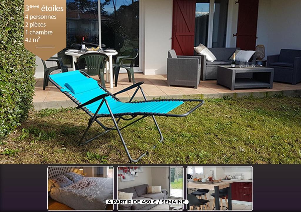une chaise bleue assise sur l'herbe dans une cour dans l'établissement Bel appartement Socoa/Urrugne 3*** terrasse jardin, à Urrugne