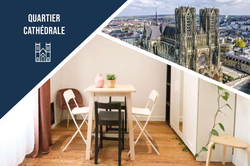 a room with a table and chairs with a view of the cathedral at Appartement Scandinave proche Cathédrale in Reims
