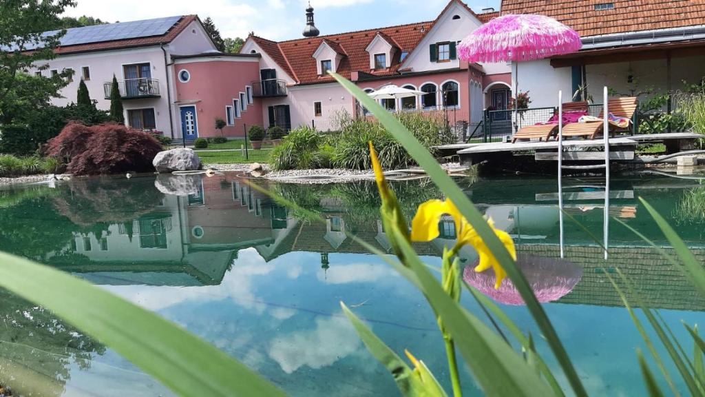 a pond with houses and a pink flower in the foreground at Hotel Garni Landhaus Florian in Bad Blumau