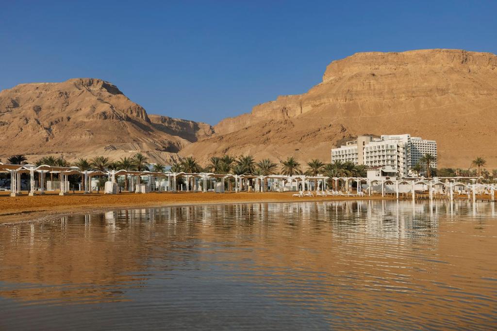 エイン・ボケックにあるHerbert Samuel Hod Dead Sea Hotelの山を背景にしたビーチ沿いのホテル