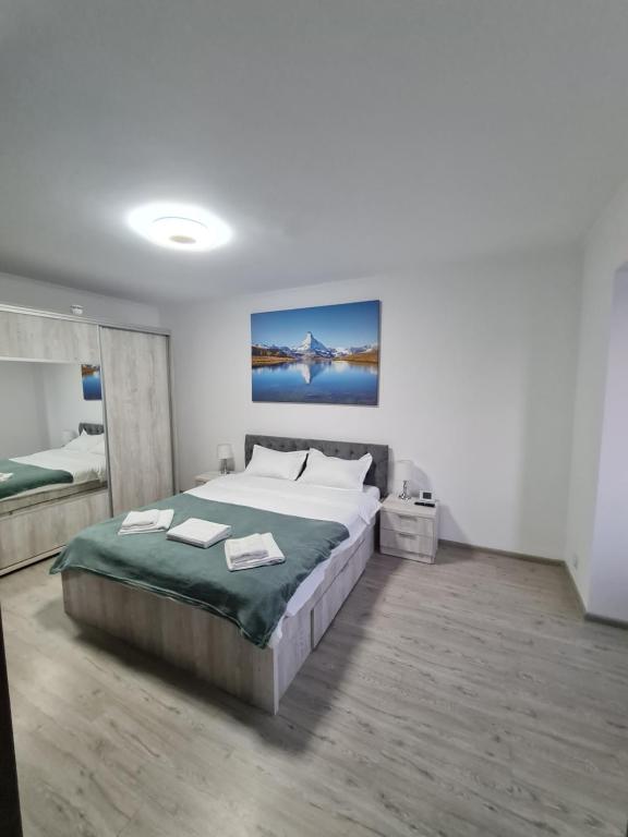 um quarto com uma cama grande e um quadro na parede em Smart Apartament em Braşov