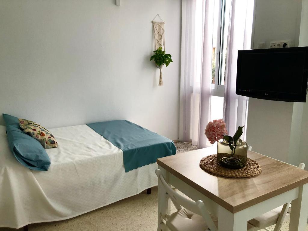 1 dormitorio con 1 cama y 1 mesa con TV en Loft con acceso a piscina, en Málaga