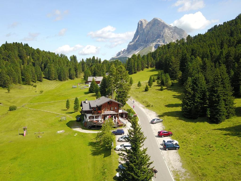 a house with cars parked in a field with a mountain at Edelweißhütte in Funes