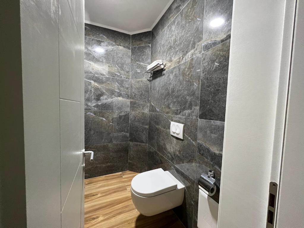 a bathroom with a toilet and a shower at Chestnut Yard Villa in Tirana