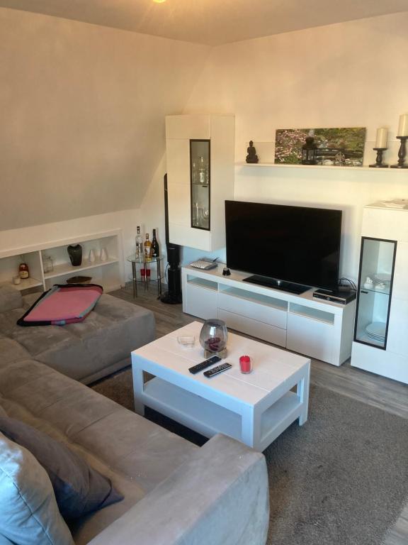ein Wohnzimmer mit einem Sofa und einem Flachbild-TV in der Unterkunft Am Ruhrtalradweg in Arnsberg