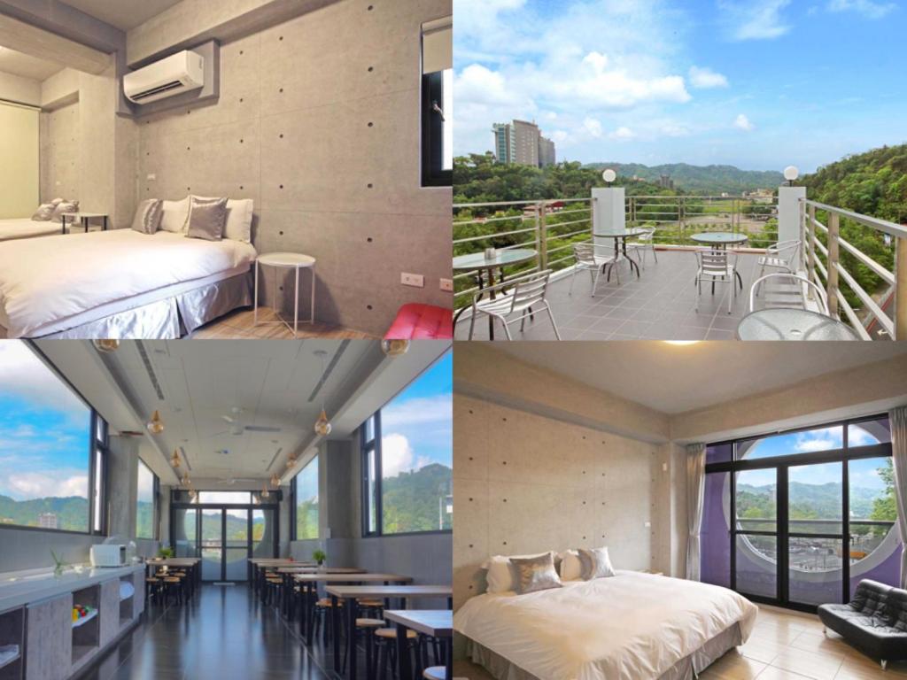 een collage van vier foto's van een hotelkamer bij Mei Jen House B&B 民宿 in Yuchi