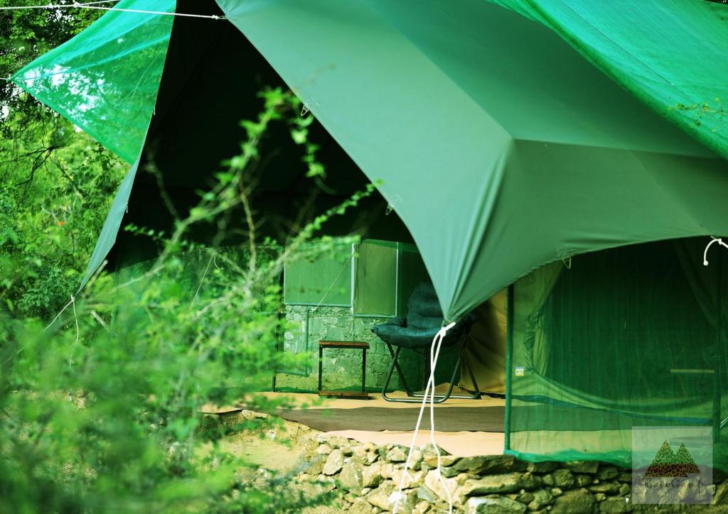 a green tent with a chair under it at Basecamp - Yala in Yala