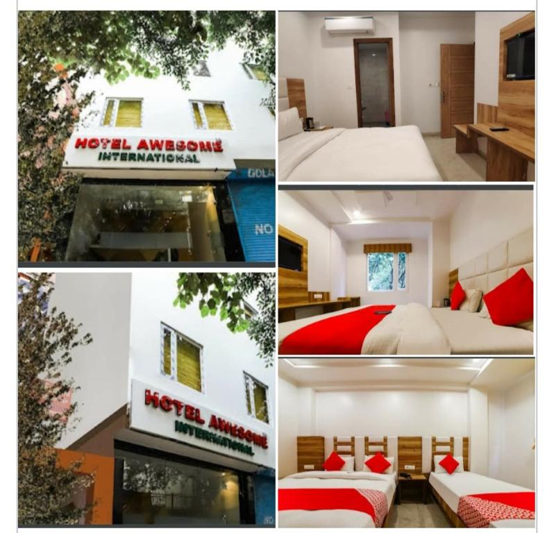 a collage of four pictures of a hotel room at Hotel Awesome International in New Delhi