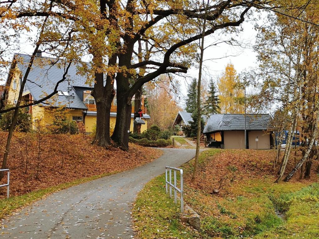 un camino de tierra que conduce a una casa con una valla en Duschkas Ferienwohnung, en Am Frühlingsberg