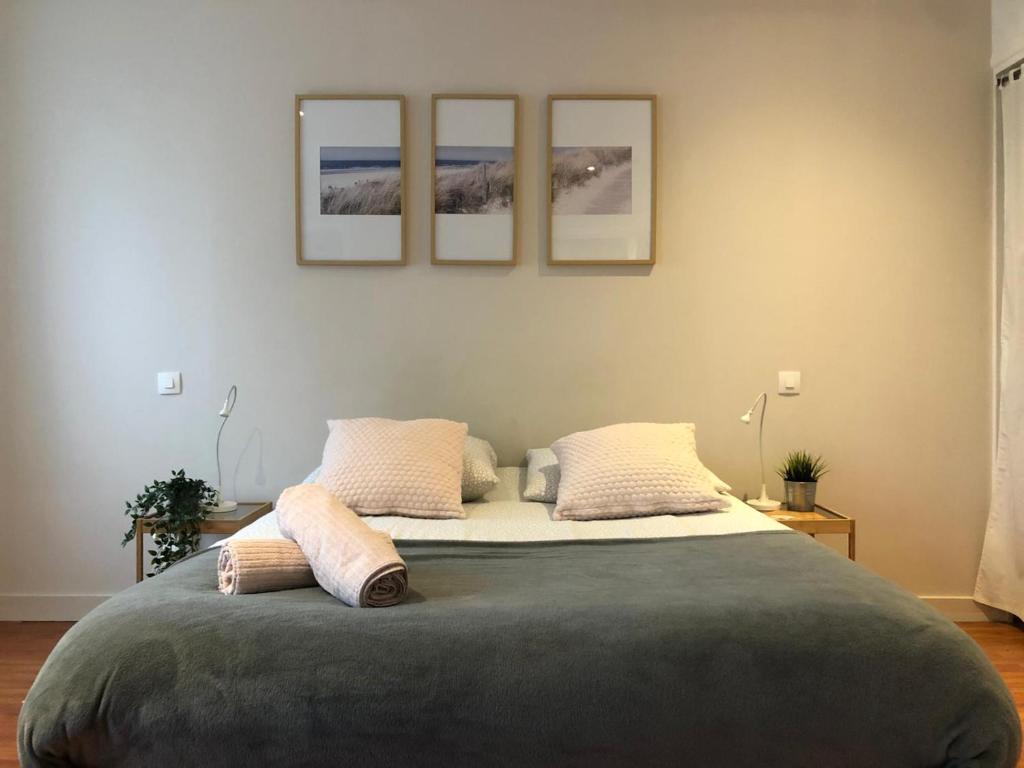 een slaapkamer met een bed met drie foto's aan de muur bij Studio Brest centre ville, 3ème étage sans ascenseur in Brest