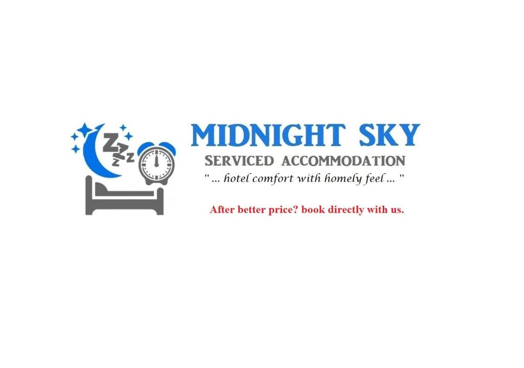 a logo for the midnight sky serviced accommodation at Orion House - sleeps 6, driveway, garden in Crewe