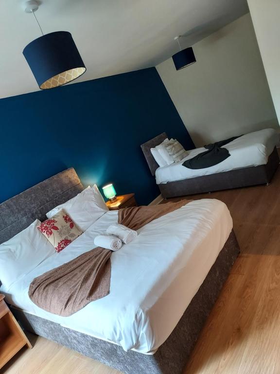1 dormitorio con 2 camas y pared azul en Shannon Oaks Apartments, en Portumna