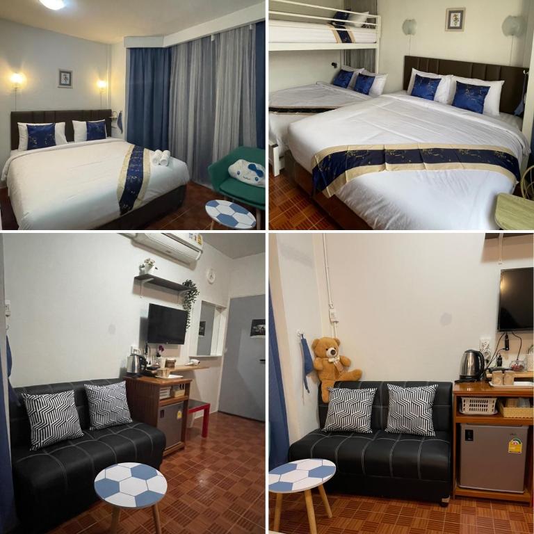 A four-panel collage shows a room with beds, a sofa, television and compact refreshment area.