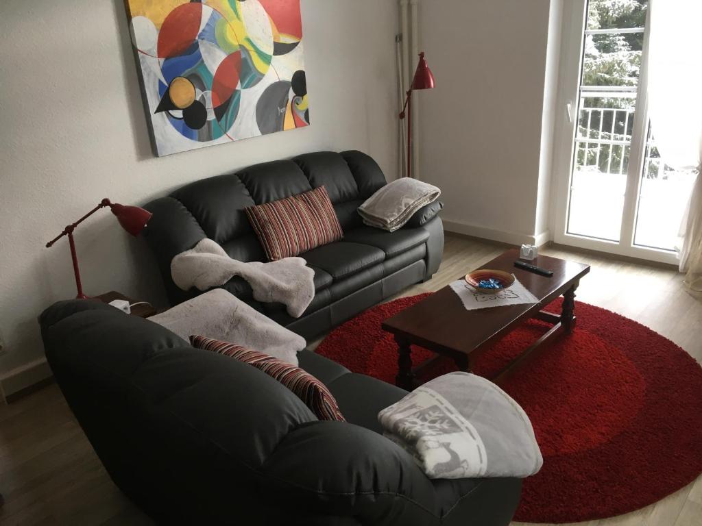een woonkamer met een zwarte bank en een rood tapijt bij Haus Silberdistel in Todtmoos