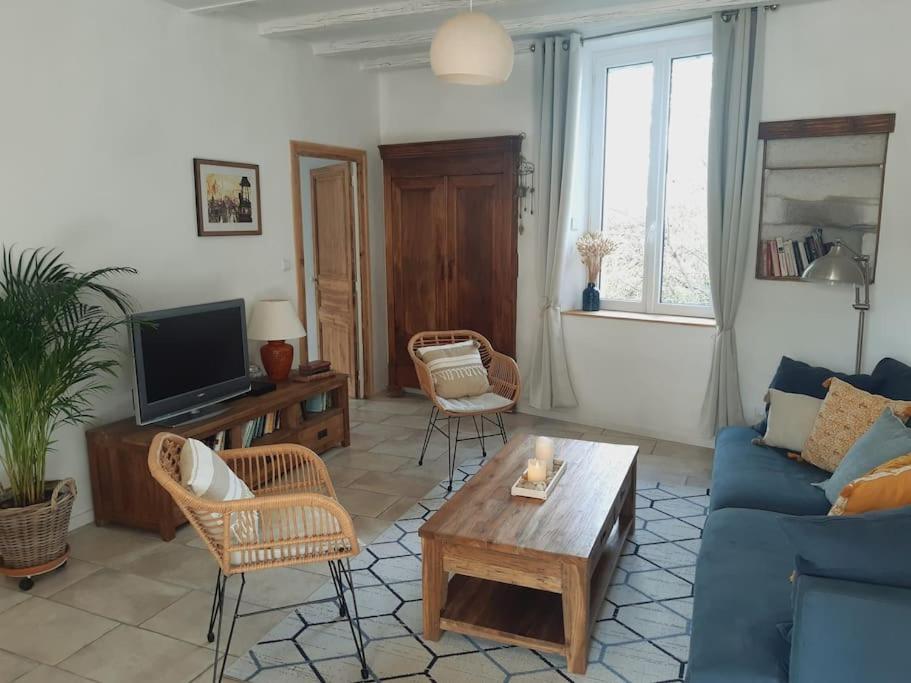 een woonkamer met een blauwe bank en een tv bij Le logis du moulin, à 800m de la cité médiévale in Carcassonne