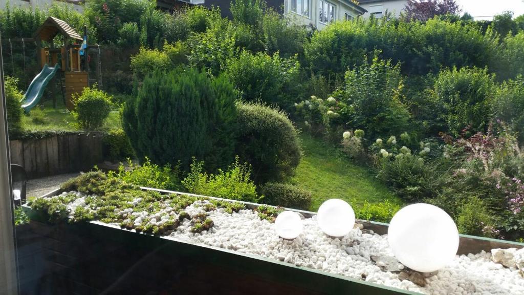 un jardín con rocas y plantas y un tobogán en Ferienwohnung Am Paradies, en Bad Lauterberg