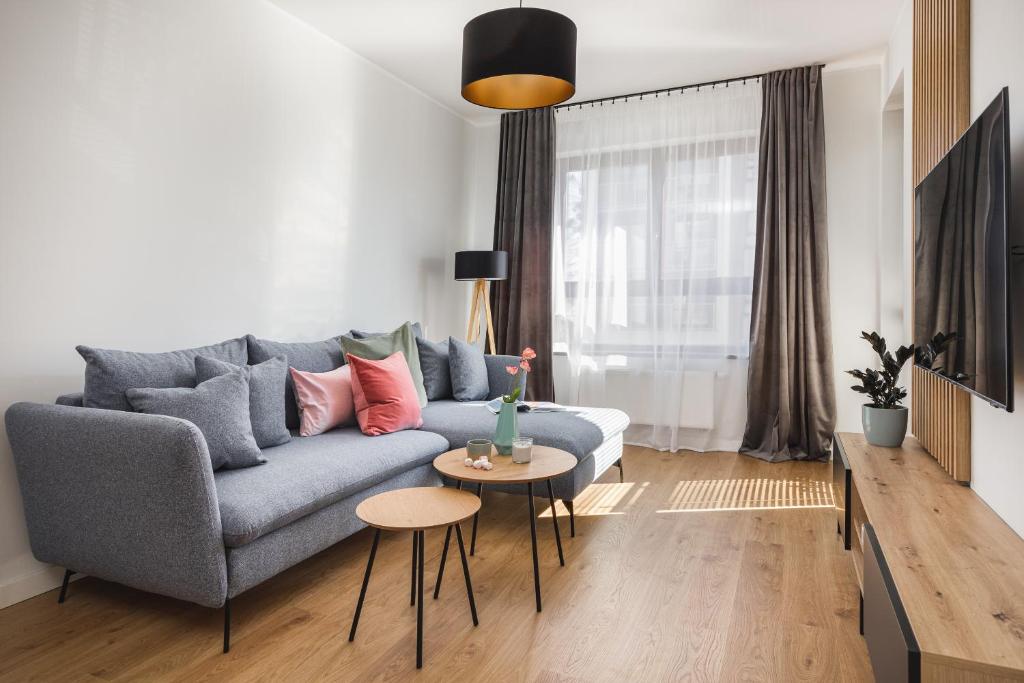 ein Wohnzimmer mit einem blauen Sofa und einem Tisch in der Unterkunft TS New Town Apartments in Stettin