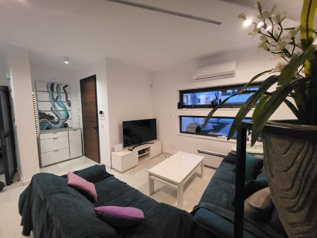 - un salon avec un canapé et une télévision dans l'établissement A-Luxury Wellness Sea Villa, à Ayia Napa