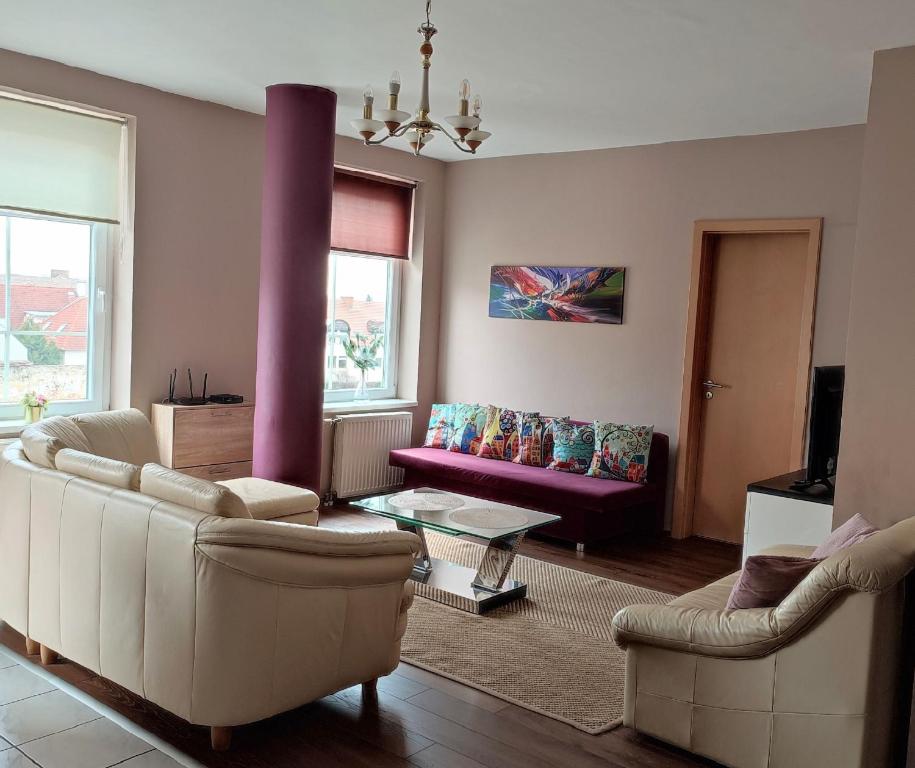 a living room with a couch and a table at Aqua Apartmanok in Pécs