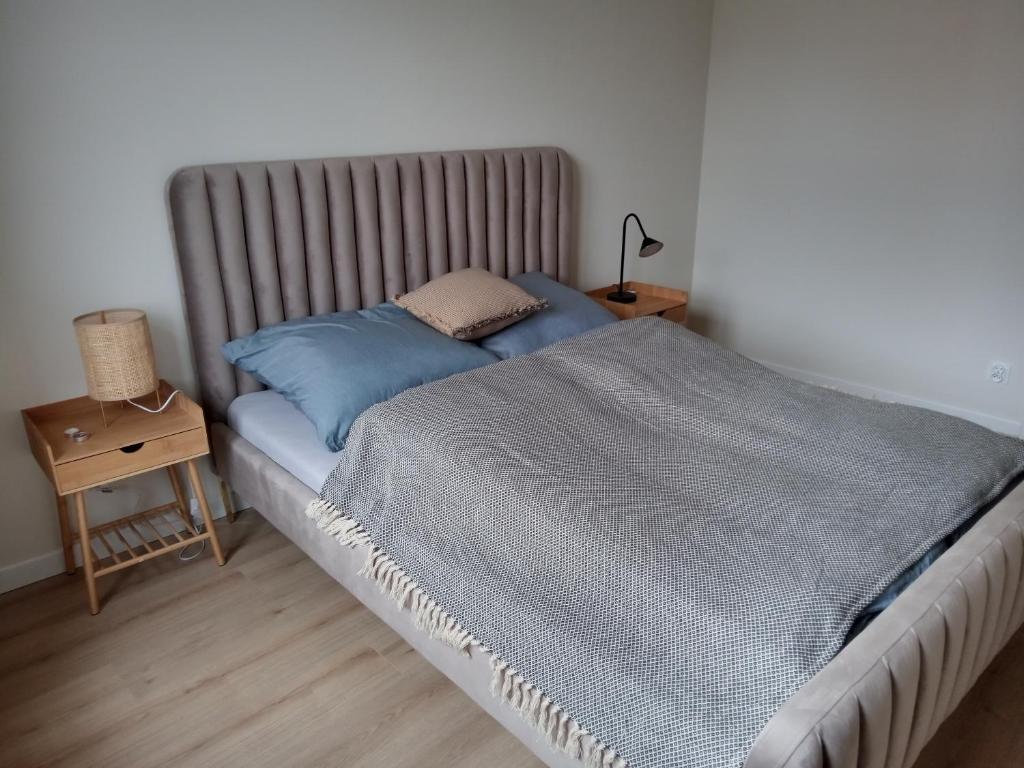 a bed with blue pillows and a lamp on a table at Apartament Zoja in Elblag
