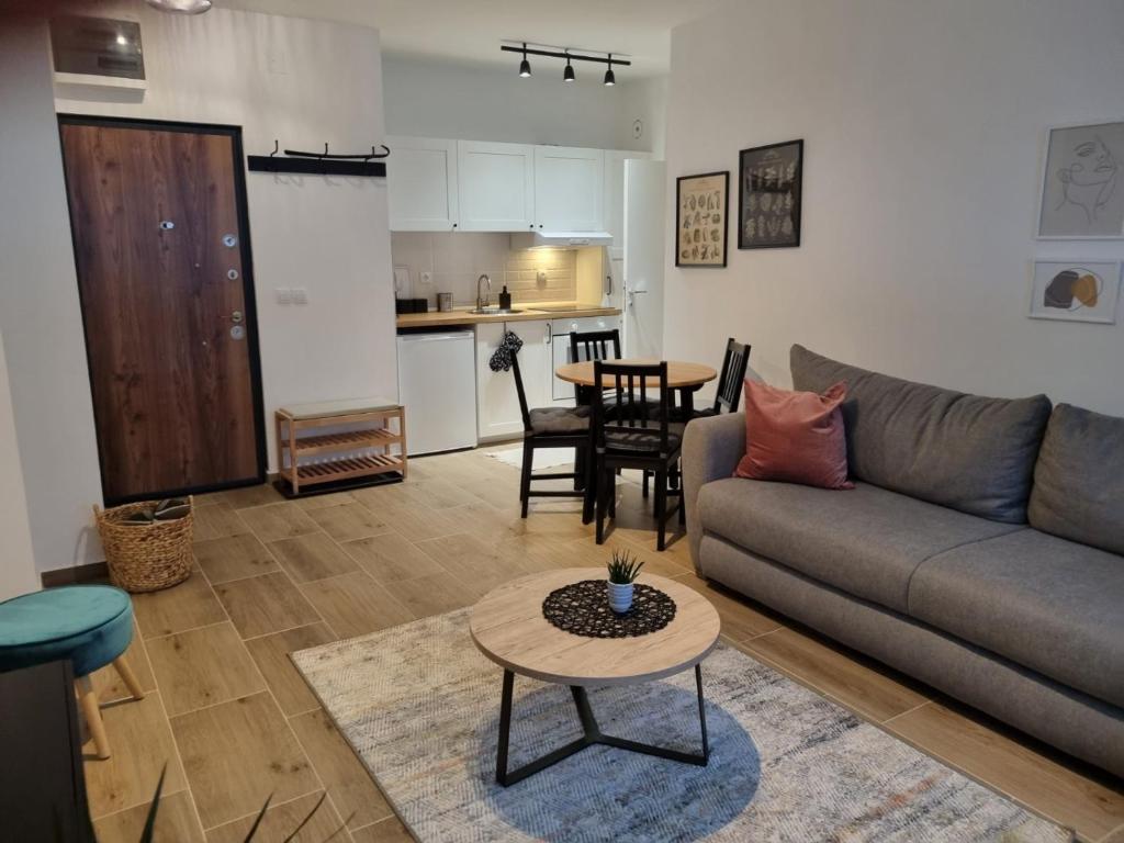 ein Wohnzimmer mit einer Couch und einem Tisch in der Unterkunft Apartman Nana Divčibare in Divčibare