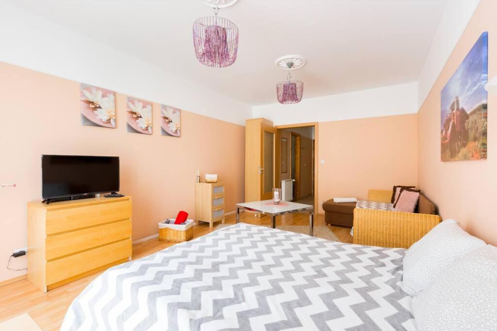 Televízia a/alebo spoločenská miestnosť v ubytovaní Acacia city center apartment