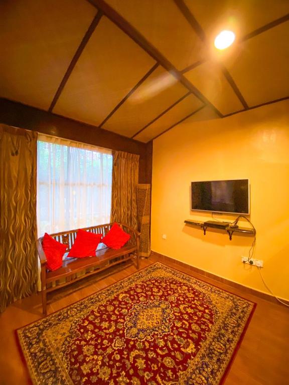 a living room with a couch and a television and a rug at Ombak Dive Resort Perhentian Island in Perhentian Islands