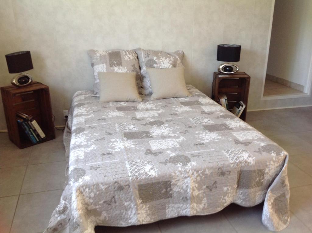 a bedroom with a large bed with two night stands at Gite d'Isa in Saint-Remèze