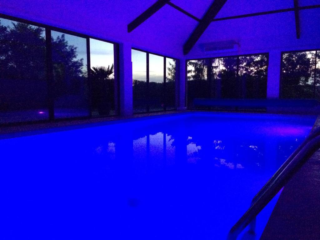 une piscine vide dans une maison aux lumières violettes dans l'établissement Le Tonneau Bourguignon, à Saint-Léger-sur-Dheune